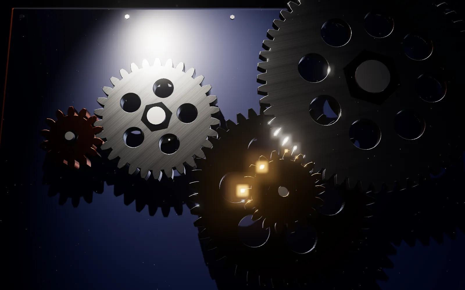 A meshing steel gear train rendered in 3D